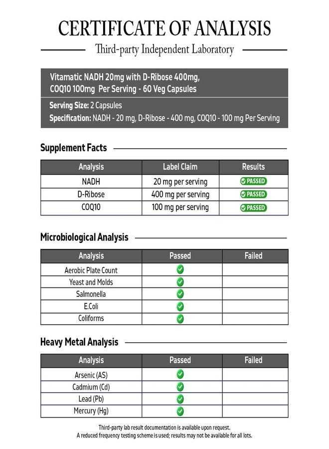 Vitamatic NADH 20mg with D-Ribose & CoQ10 - 60 Capsules, B-Nicotinamide Adenine Dinucleotide, Non-GMO, Gluten Free - Image 3