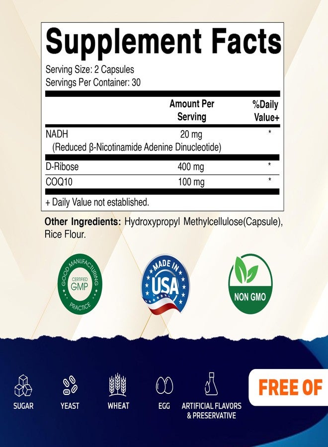Vitamatic NADH 20mg with D-Ribose & CoQ10 - 60 Capsules, B-Nicotinamide Adenine Dinucleotide, Non-GMO, Gluten Free - Image 2