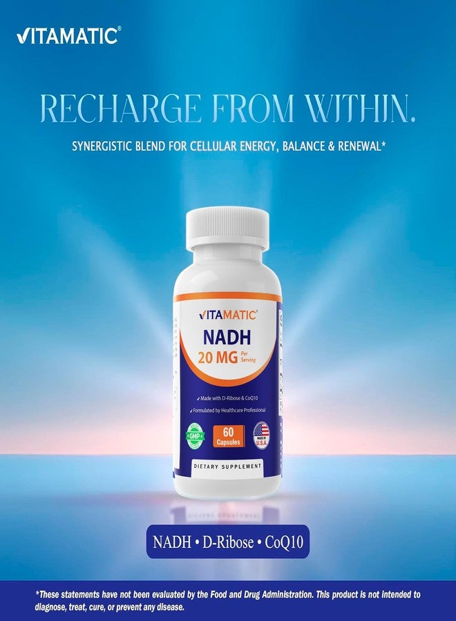 Vitamatic NADH 20mg with D-Ribose & CoQ10 - 60 Capsules, B-Nicotinamide Adenine Dinucleotide, Non-GMO, Gluten Free - Image 5