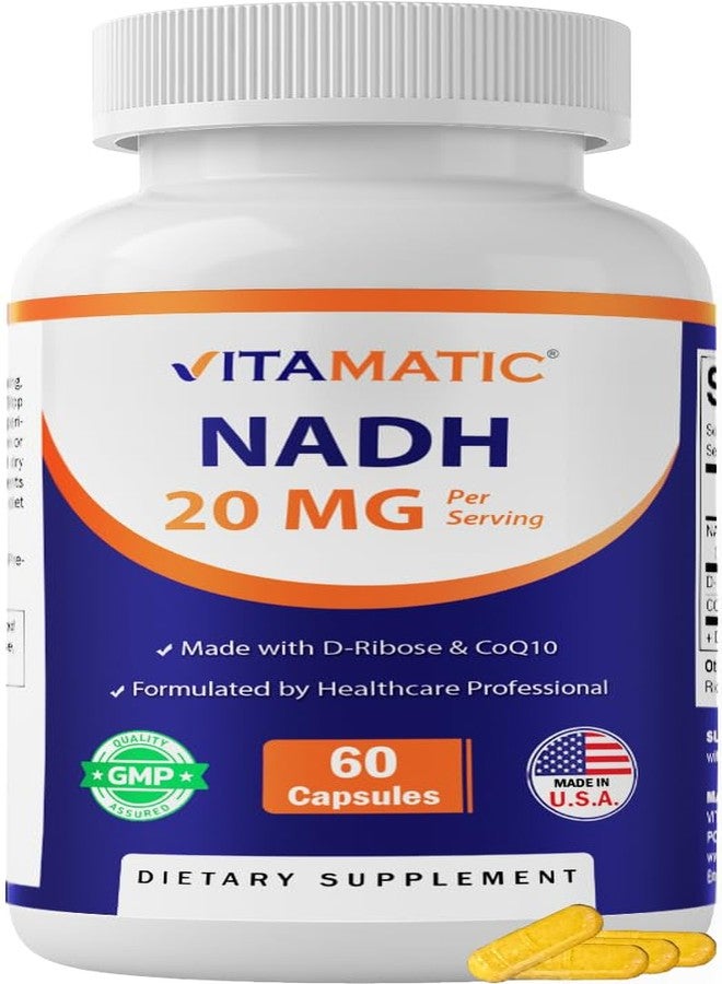 Vitamatic NADH 20mg with D-Ribose & CoQ10 - 60 Capsules, B-Nicotinamide Adenine Dinucleotide, Non-GMO, Gluten Free - Image 1