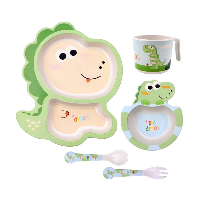 Fekdod Bamboo Kids Dinnerware Set 5 Pcs Includes Plate Bowl Cup Fork Spoon Perfect for Kids BPAFree Little Dinosaur