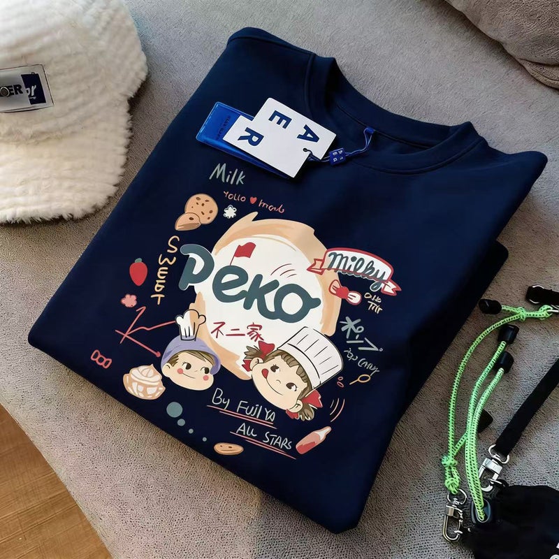Fujiya Peko Collaboration Dark Gray Round Neck Short-Sleeve T-Shirt for Women, Korean Style Lazy Loose Oversize Cartoon Print - Image 3