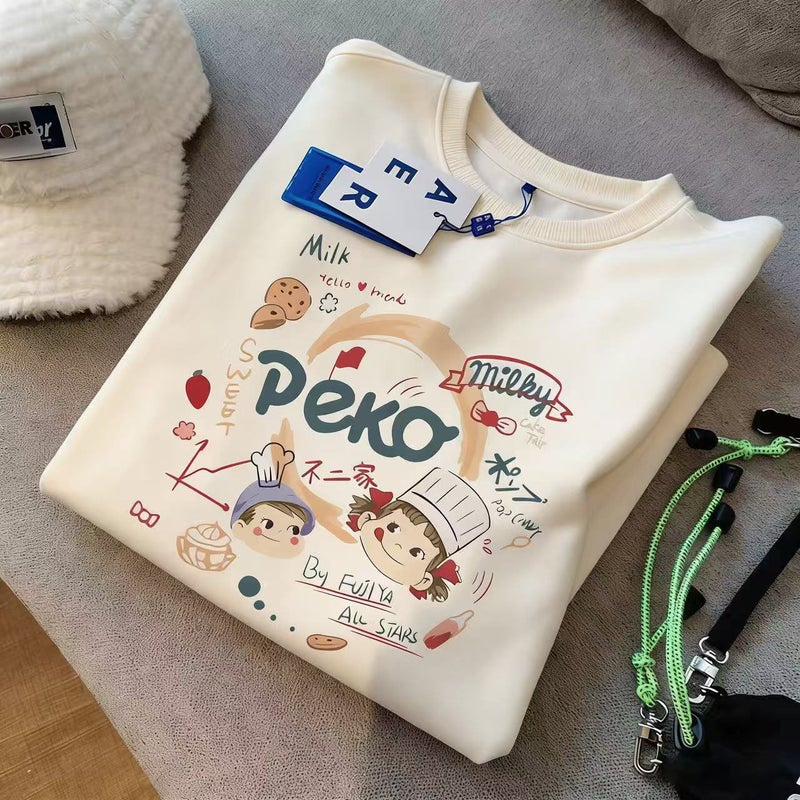 Fujiya Peko Collaboration Dark Gray Round Neck Short-Sleeve T-Shirt for Women, Korean Style Lazy Loose Oversize Cartoon Print - Image 5