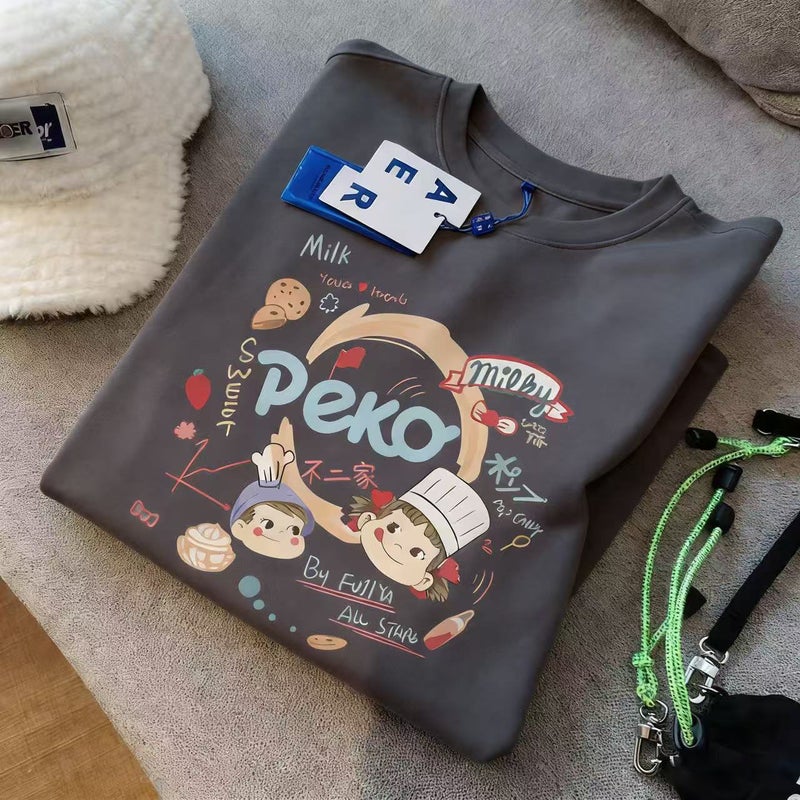 Fujiya Peko Collaboration Dark Gray Round Neck Short-Sleeve T-Shirt for Women, Korean Style Lazy Loose Oversize Cartoon Print - Image 2