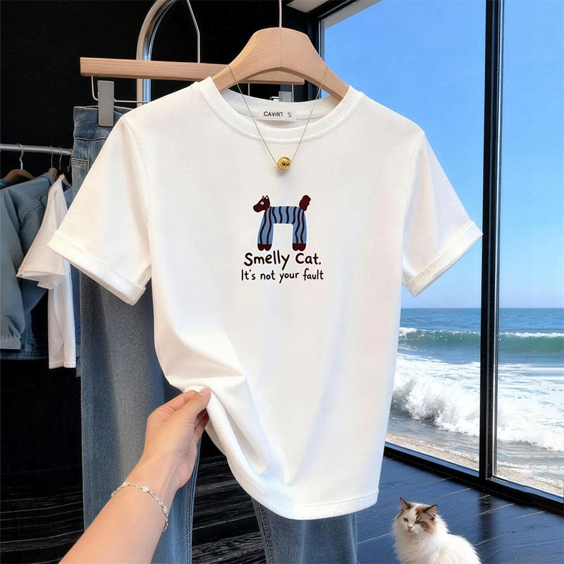 Fujiya Peko Collaboration Dark Gray Round Neck Short-Sleeve T-Shirt for Women, Korean Style Lazy Loose Oversize Cartoon Print - Image 1