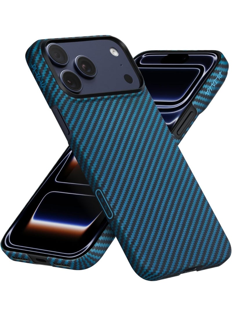 PITAKA غطاء أراميد فايبر من PITAKA لجهاز آيفون 17 برو 6.3 بوصة - نحيف للغاية وخفيف الوزن وغطاء واقي متوافق مع الشحن المغناطيسي بتصميم قماش متشابك 1500D - أسود أزرق - Image 1