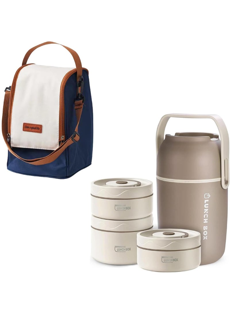 روك بو الفولاذ المقاوم للصدأ العزل الحراري الغداء مربع ، مربع الغداء المحمولة العزل الحراري ، مع كيس ، الكبار ، والأطفال يمكن أن كومة الفولاذ المقاوم للصدأ الغذاء الحاويات ( 2 * 420ml + 1 * 550ml + 1 * الغداء برميل ) - Image 1