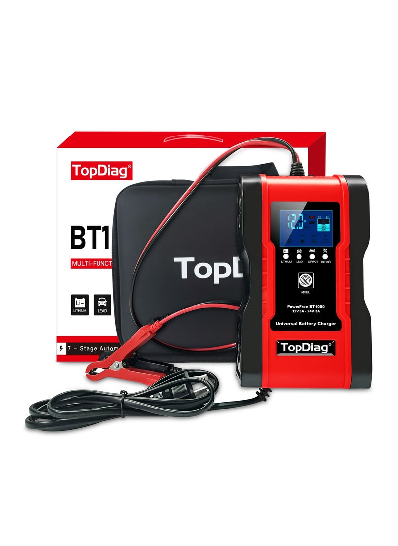 TopDiag BT1000 12V/ 24V 6A Car Battery Charger Pulse Repair 7-stage Charger for GEL WET AGM 12.6V Lithium LiFePO4 LiPo Battery-TopDiag  - Image 1