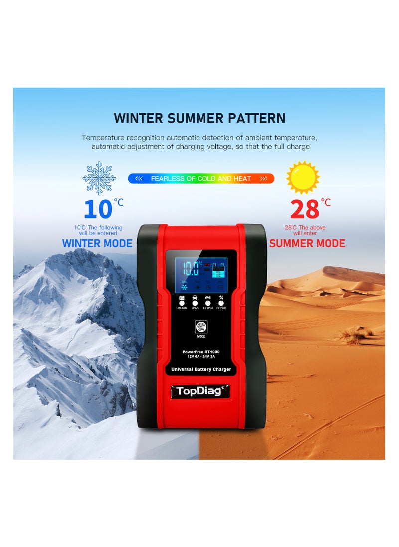 TopDiag BT1000 12V/ 24V 6A Car Battery Charger Pulse Repair 7-stage Charger for GEL WET AGM 12.6V Lithium LiFePO4 LiPo Battery-TopDiag  - Image 5