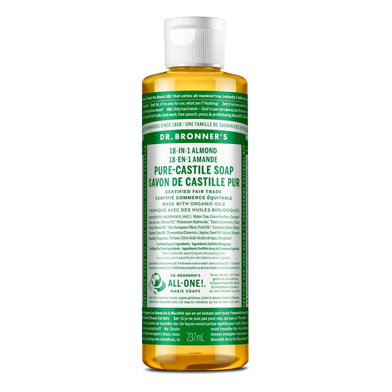 Dr Bronners  PureCastile Liquid Soap Almond 8 ounce  Made with Organic Oils 18in1 Uses Face Body Hair Laundry Pets and Dishes Concentrated Vegan NonGMO