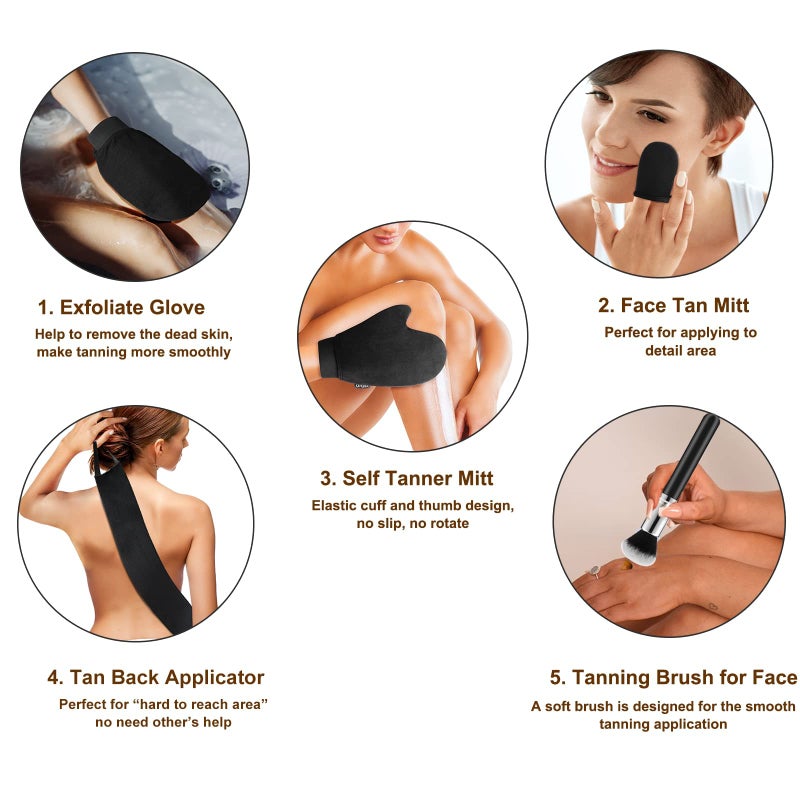 CeleCily 5-in-1 Self Tanner Mitt Applicator Kit - Professional Self Tanning Mitt Back Applicator, Mini Mitt, Brush and Exfoliatorï¼ŒNo Streaks, No Orange Palms, Double-Sided Washable Tanning Gloves Set - Image 3