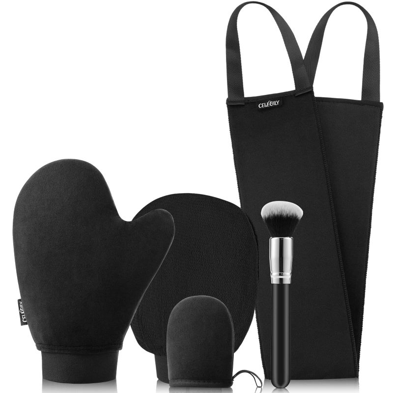 CeleCily 5-in-1 Self Tanner Mitt Applicator Kit - Professional Self Tanning Mitt Back Applicator, Mini Mitt, Brush and Exfoliatorï¼ŒNo Streaks, No Orange Palms, Double-Sided Washable Tanning Gloves Set - Image 1
