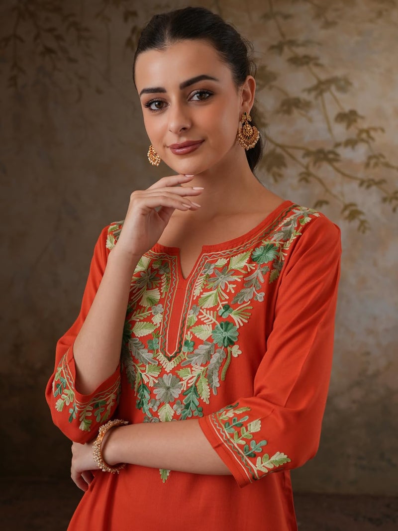 QAZMI Women's Noor Kashmiri Aari Work Viscose Rayon Straight Kurta Rust Orange - Image 5