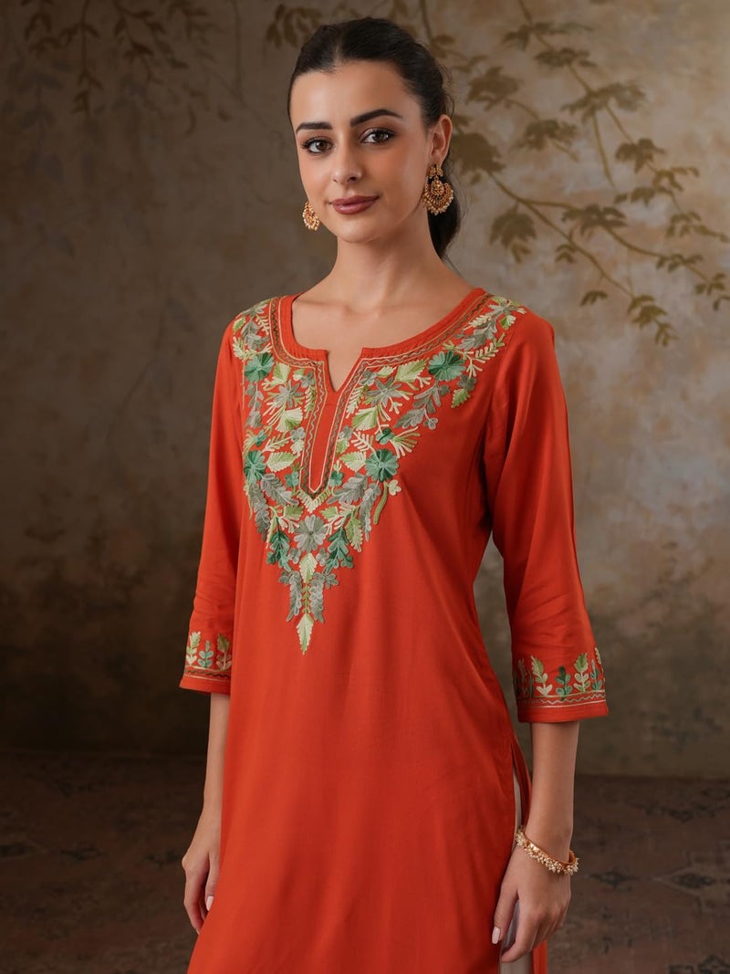 QAZMI Women's Noor Kashmiri Aari Work Viscose Rayon Straight Kurta Rust Orange - Image 3