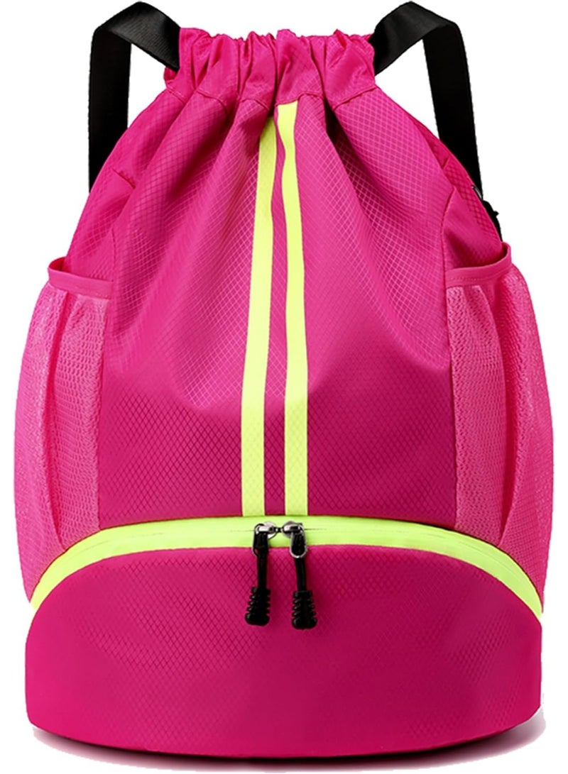 HaDoii Sports Drawstring Gym Bag, Waterproof Drawstring Backpack with Side Mesh Pockets, Sport Bag with Shoes Compartment for Women Men. Rose Red - Image 1