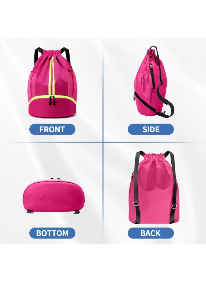 HaDoii Sports Drawstring Gym Bag, Waterproof Drawstring Backpack with Side Mesh Pockets, Sport Bag with Shoes Compartment for Women Men. Rose Red - Image 5