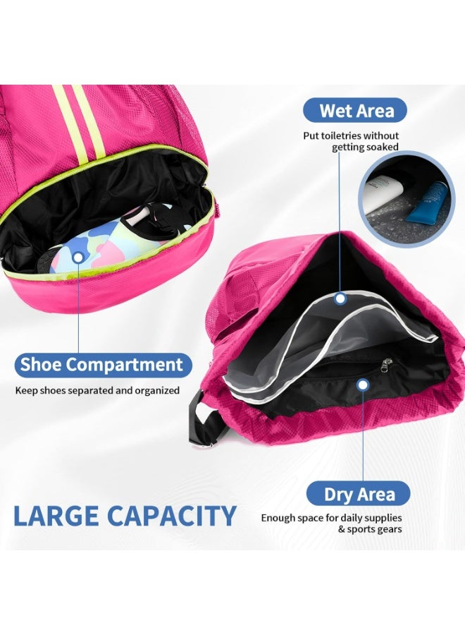 HaDoii Sports Drawstring Gym Bag, Waterproof Drawstring Backpack with Side Mesh Pockets, Sport Bag with Shoes Compartment for Women Men. Rose Red - Image 3