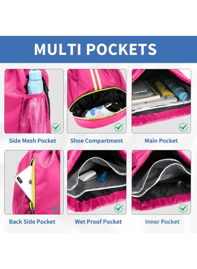 HaDoii Sports Drawstring Gym Bag, Waterproof Drawstring Backpack with Side Mesh Pockets, Sport Bag with Shoes Compartment for Women Men. Rose Red - Image 4