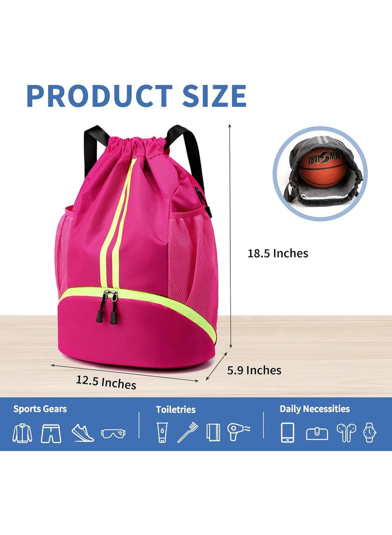 HaDoii Sports Drawstring Gym Bag, Waterproof Drawstring Backpack with Side Mesh Pockets, Sport Bag with Shoes Compartment for Women Men. Rose Red - Image 2