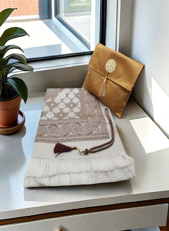 HAWAWA Muslim Prayer Rug and Beads with Elegant Slub Fabric Bag, Thin Lightweight Polyester Prayer Mat, Ramadan Prayer Blanket, for Gifts, Ramadan, Prayer 70x110cm Brown - Image 3