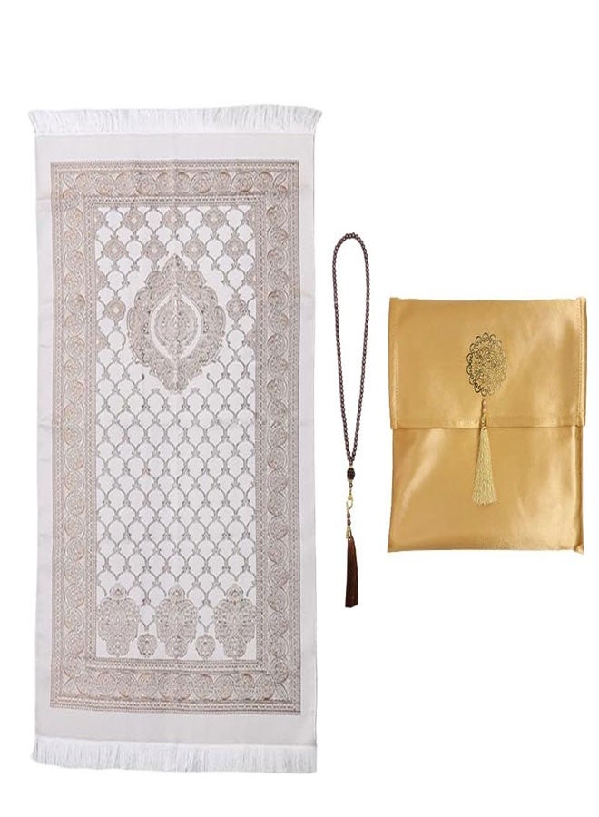 HAWAWA Muslim Prayer Rug and Beads with Elegant Slub Fabric Bag, Thin Lightweight Polyester Prayer Mat, Ramadan Prayer Blanket, for Gifts, Ramadan, Prayer 70x110cm Brown - Image 1