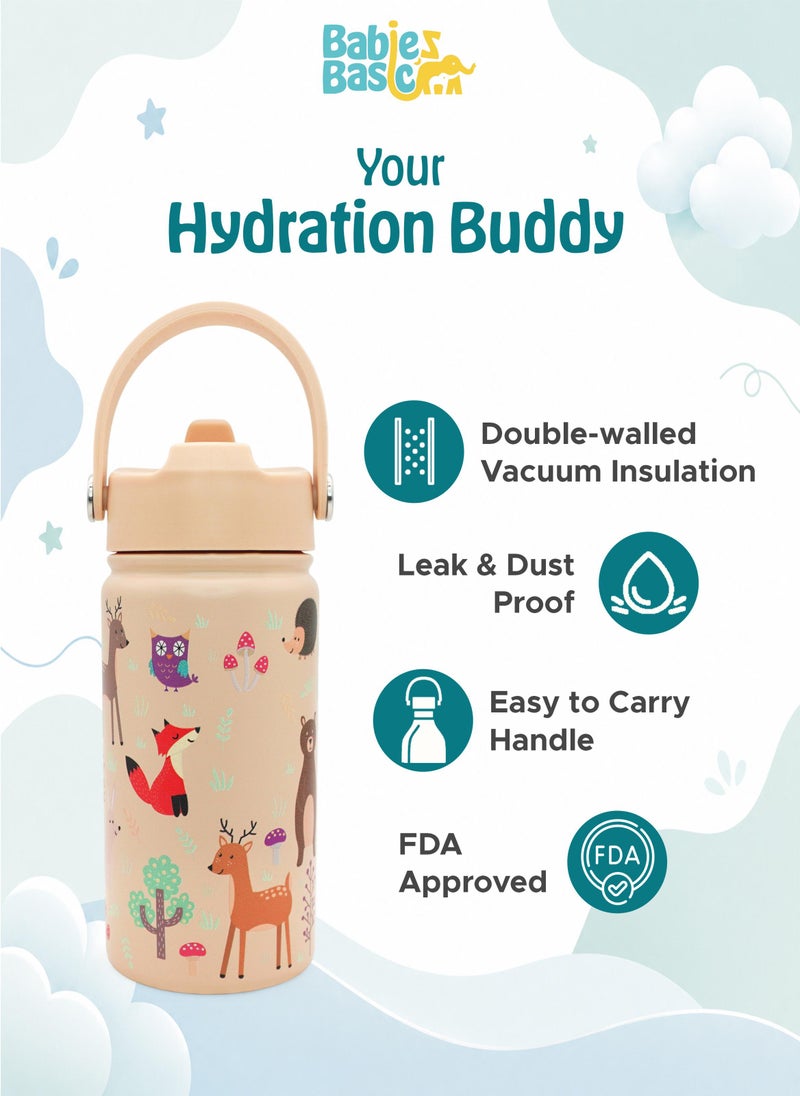Babies Basic Kids Stainless Steel Water Bottle with Straw - 400ml – Double Wall Vacuum Insulated, Leakproof Thermal Flask, BPA-Free, Reusable Drinking Bottle for School & Travel - Zoo Themed - Beige - Image 5