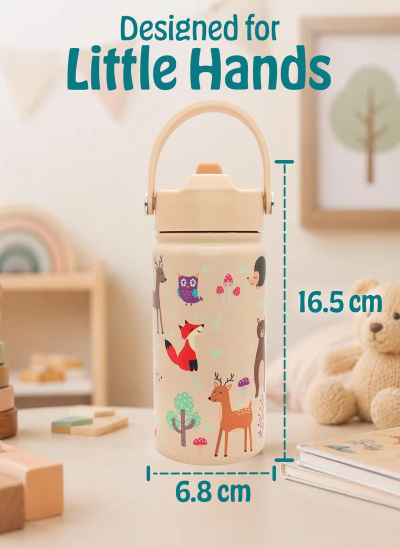 Babies Basic Babies Basic Kids Stainless Steel Water Bottle with Straw - 400ml – Double Wall Vacuum Insulated, Leakproof Thermal Flask, BPA-Free, Reusable Drinking Bottle for School & Travel - Zoo Themed - Beige