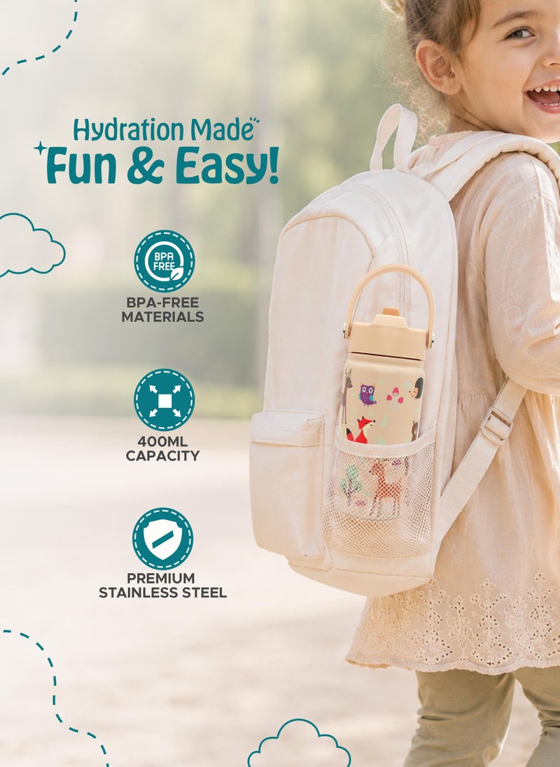 Babies Basic Kids Stainless Steel Water Bottle with Straw - 400ml – Double Wall Vacuum Insulated, Leakproof Thermal Flask, BPA-Free, Reusable Drinking Bottle for School & Travel - Zoo Themed - Beige - Image 3
