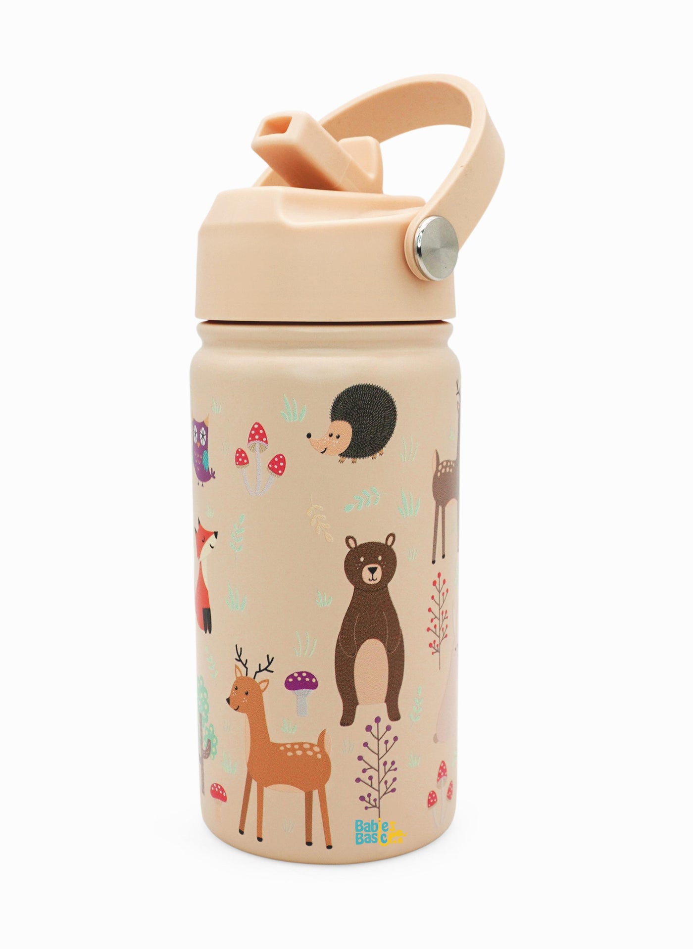 Babies Basic Kids Stainless Steel Water Bottle with Straw - 400ml – Double Wall Vacuum Insulated, Leakproof Thermal Flask, BPA-Free, Reusable Drinking Bottle for School & Travel - Zoo Themed - Beige