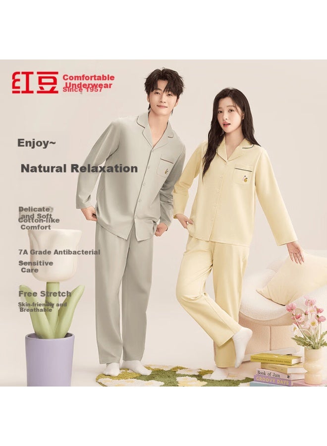 Hodo Women's 7a Antibacterial Pure Cotton Simple Embroidered Lapel Long Sleeve Cardigan Loose Fit Couple Cotton Homewear Set