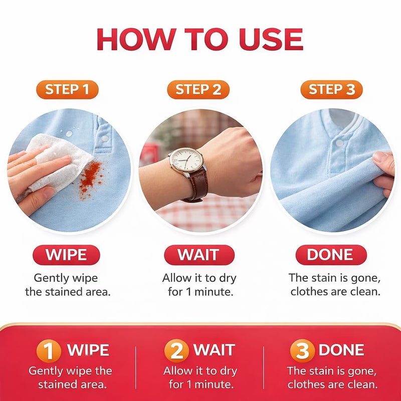 Clothing Stain Remover Wet Wipes – 5 Pack – 100 Sheets – Instant Fabric Cleaning Wipes for Clothes, Travel, Office, Emergency Stain Removal - Image 2