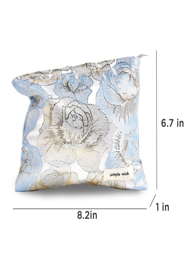 Sminra Makeup Bag Small Cosmetic bag Embroidery Preppy Canvas Toiletry Bag for women Cute zipper pouch Organizer Travel accessories (01-Gold Blue Flowers, Small) - Image 5