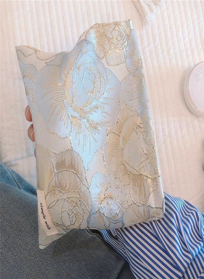 Sminra Makeup Bag Small Cosmetic bag Embroidery Preppy Canvas Toiletry Bag for women Cute zipper pouch Organizer Travel accessories (01-Gold Blue Flowers, Small) - Image 4