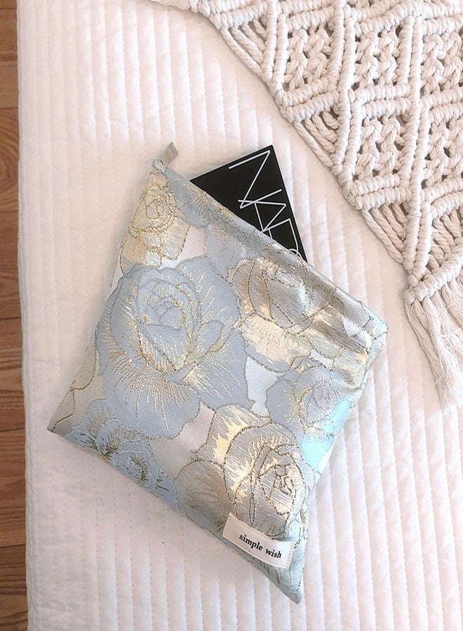 Sminra Makeup Bag Small Cosmetic bag Embroidery Preppy Canvas Toiletry Bag for women Cute zipper pouch Organizer Travel accessories (01-Gold Blue Flowers, Small) - Image 3