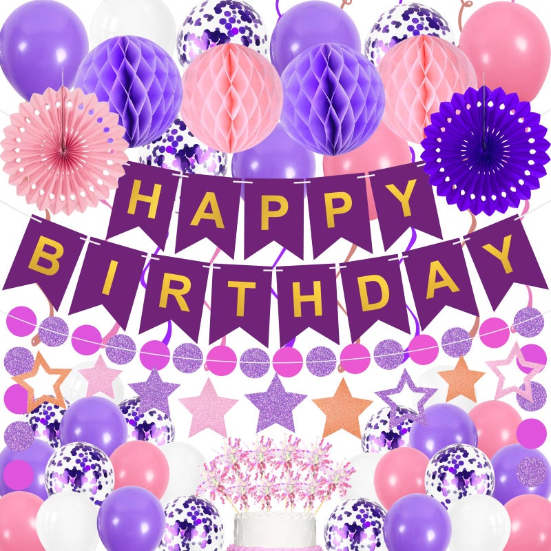 Yunfan 69Pcs Birthday Decorations Purple Happy Birthday Banner Balloons Honeycomb Balls Paper Fans Hanging Swirl Stars Garland Cupcake Toppers Party Decorations for Women Men - Image 2