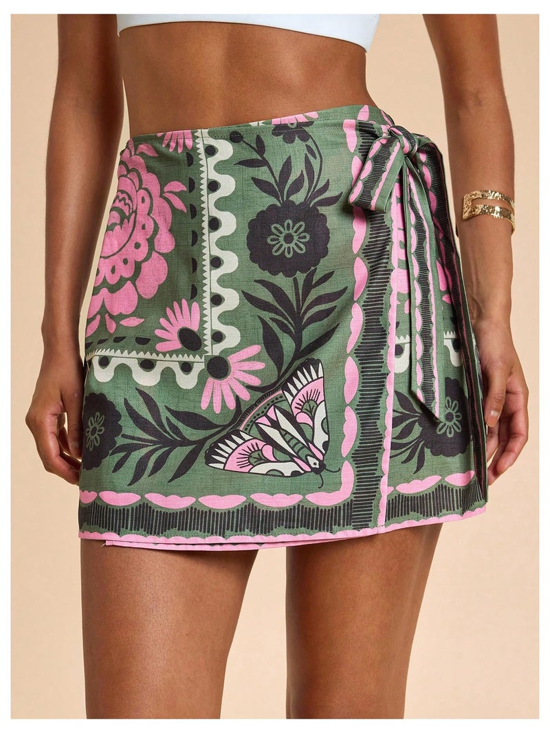 MakeMeChic Women's Summer Boho Wrap Mini Skirt Beach Vacation Short Skirts Green Floral Medium - Image 4