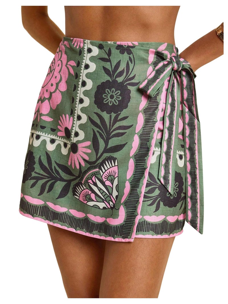 MakeMeChic Women's Summer Boho Wrap Mini Skirt Beach Vacation Short Skirts Green Floral Medium - Image 1