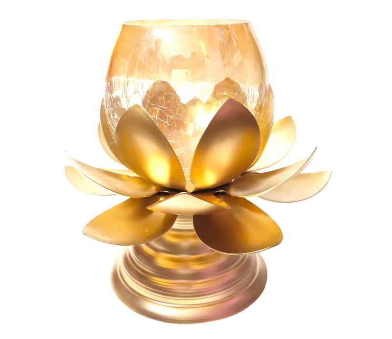 ThirteenthAananda ThirteenthAananda Lotus Tealight Votive Candle Holder with Crackle Glass for Home Decor Wedding Gift Festival Celebration Color Golden 1
