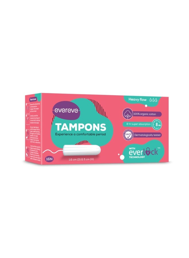 Evereve Tampons, 100% Organic Cotton, For Heavy Menstrual flow, 16 pcs, Super absorption, Safe, Soft & Comfortable, Stain-free periods, Rash-free, Prevents odour, FDA approved, Biodegradable - Image 1