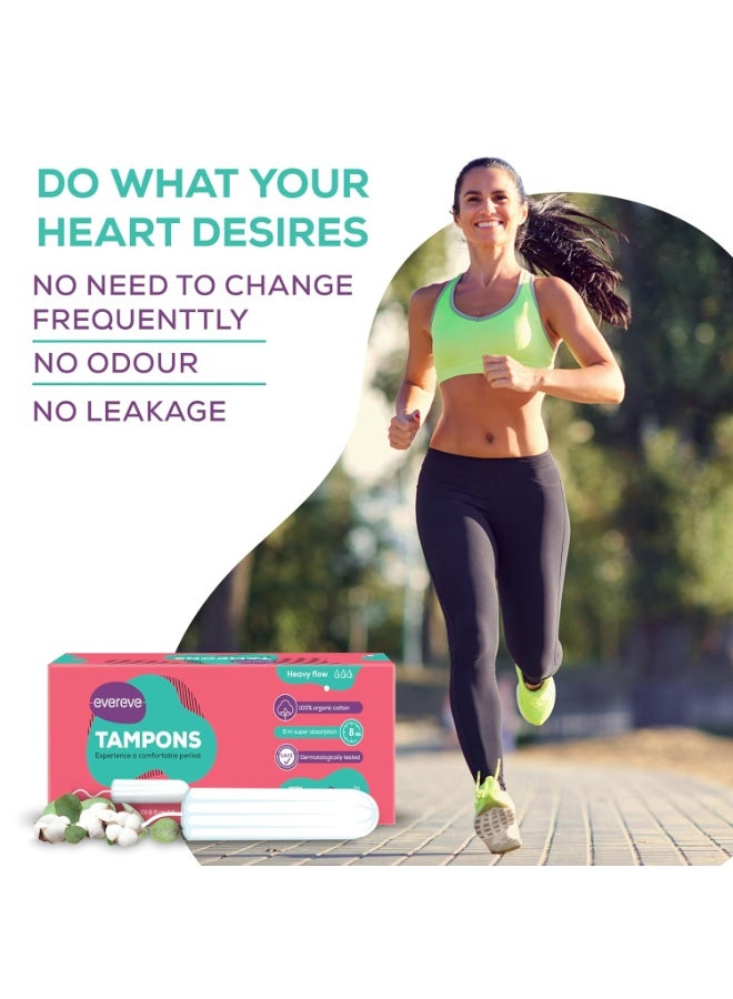 Evereve Tampons, 100% Organic Cotton, For Heavy Menstrual flow, 16 pcs, Super absorption, Safe, Soft & Comfortable, Stain-free periods, Rash-free, Prevents odour, FDA approved, Biodegradable - Image 2