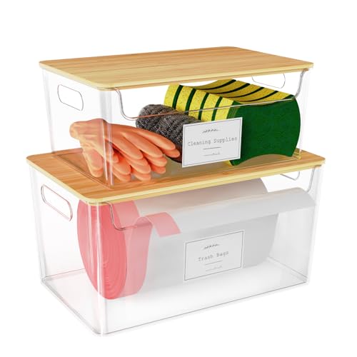 COAZEX 2 Pack Trash Bag Holder Under Sink Stackable, Plastic Garbage Dispenser with Lid, Trash Bag Storage Dispenser Roll Holder for Kitchen, Pantry, Laundry Room Organization - Image 1