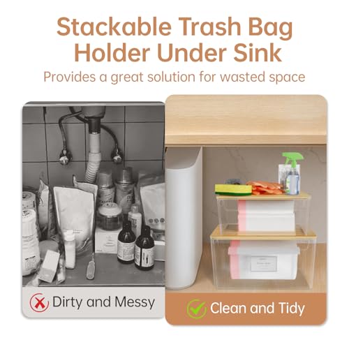 COAZEX 2 Pack Trash Bag Holder Under Sink Stackable, Plastic Garbage Dispenser with Lid, Trash Bag Storage Dispenser Roll Holder for Kitchen, Pantry, Laundry Room Organization - Image 5