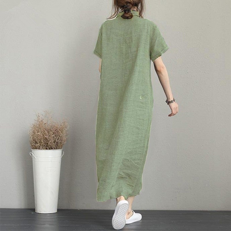 1Tarz 1Style Barbora Linen Casual Short Sleeve Full Length Summer Casual Women's Dress LN245HAKI6  - Image 2