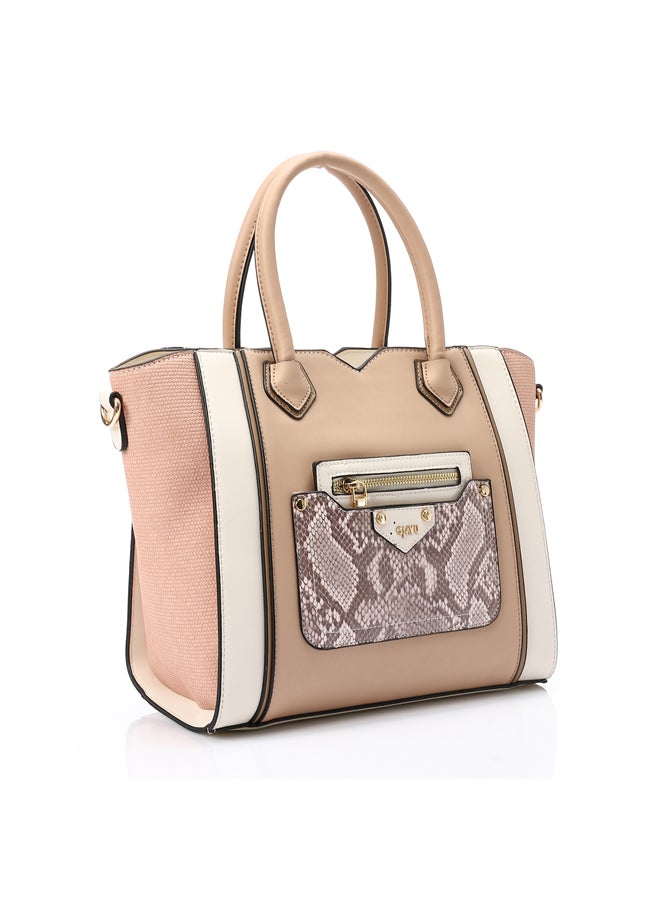 DejaVu Multi Pockets Zipped Top Handle Bag - Nude & Off White - Image 1