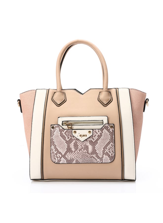 DejaVu Multi Pockets Zipped Top Handle Bag - Nude & Off White - Image 5