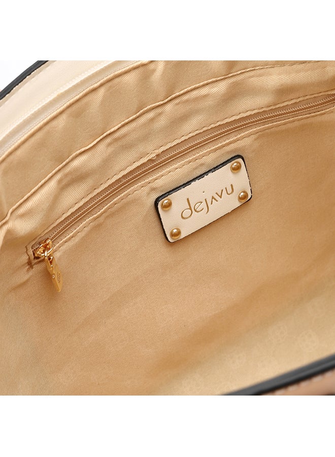 DejaVu Multi Pockets Zipped Top Handle Bag - Nude & Off White - Image 4