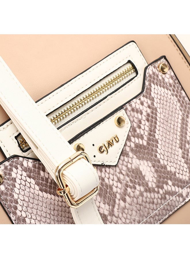 DejaVu Multi Pockets Zipped Top Handle Bag - Nude & Off White - Image 3