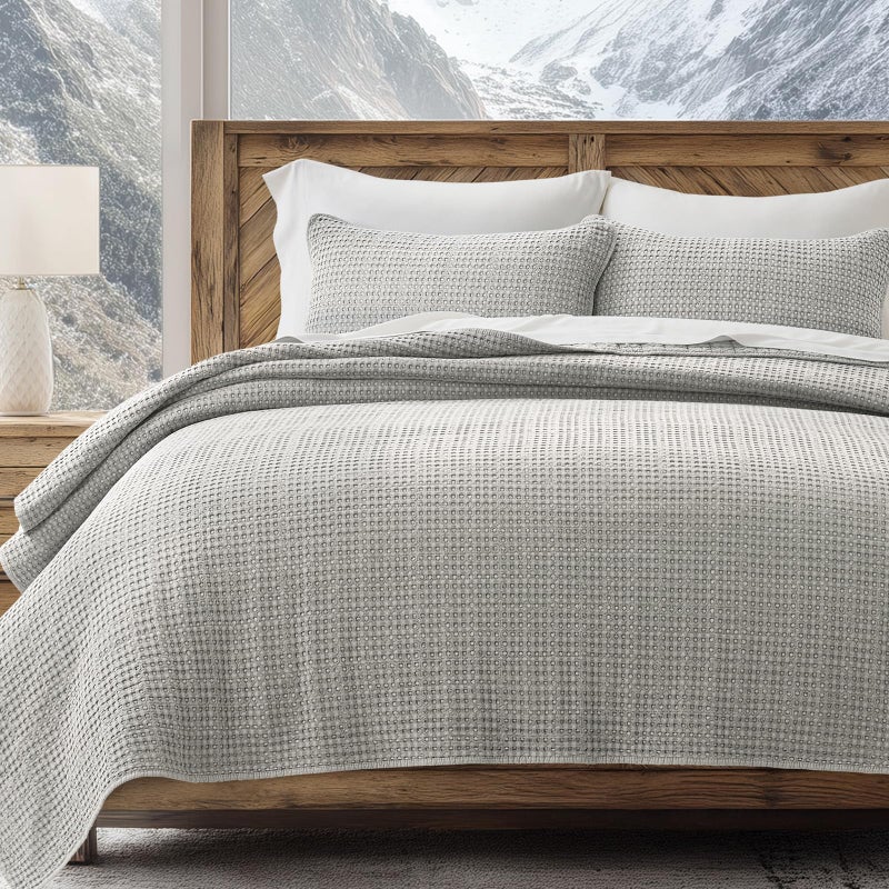 EVERGRACE Stonewashed 100% Natural Cotton Waffle Quilt Set King Size 3 Pieces, Durable, Textured & Substantial Bedding, Quilted Coverlet Bedspread with 2 Shams for All Seasons, Misty Gray - Image 1