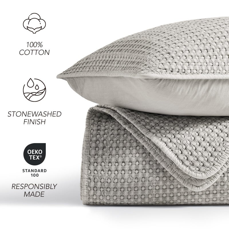 EVERGRACE Stonewashed 100% Natural Cotton Waffle Quilt Set King Size 3 Pieces, Durable, Textured & Substantial Bedding, Quilted Coverlet Bedspread with 2 Shams for All Seasons, Misty Gray - Image 3