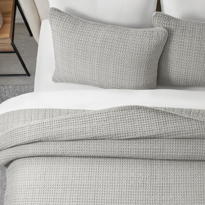EVERGRACE Stonewashed 100% Natural Cotton Waffle Quilt Set King Size 3 Pieces, Durable, Textured & Substantial Bedding, Quilted Coverlet Bedspread with 2 Shams for All Seasons, Misty Gray - Image 4